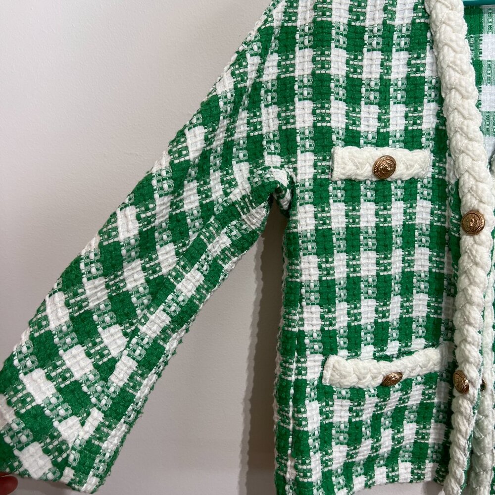 Tuckernuck Green and White Tweed Braided-Trim Blazer - Picture 5 of 8